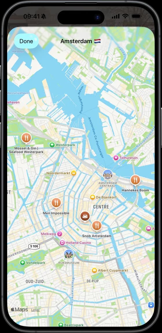 Map view showing saved places in Amsterdam