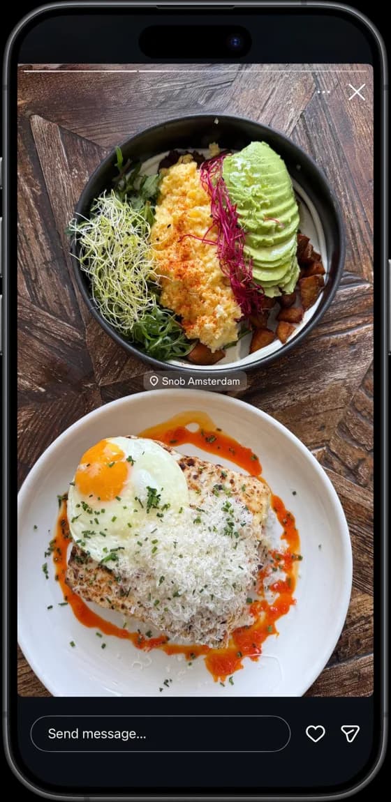 Instagram story showing a food post with a location tag