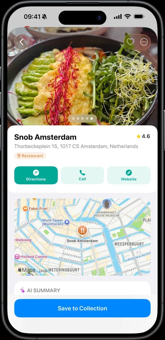 Place detail view showing Snob Amsterdam with rating, map, and save button