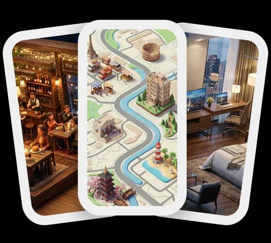Three phone screens showing restaurant, travel, and hotel experiences